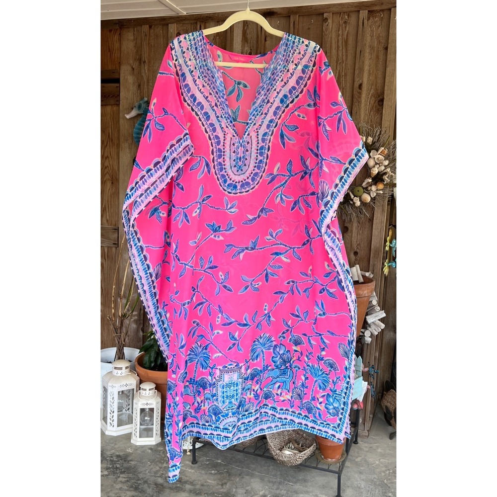 Lilly Pulitzer Cuca Maxi Caftan L/XL Pink Blue Elephant Tropical Beach Cover Up